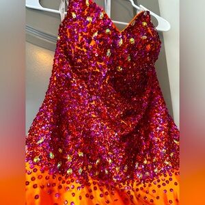 High- Low Orange and pink sunset Strapless prom dress